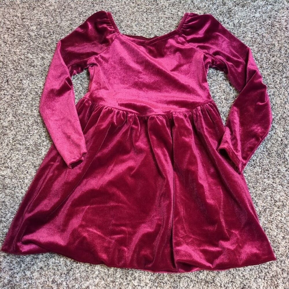 NEW Cat & Jack Velvet Dress Girls XS 4/5 Burgundy Long Sleeve Holiday New